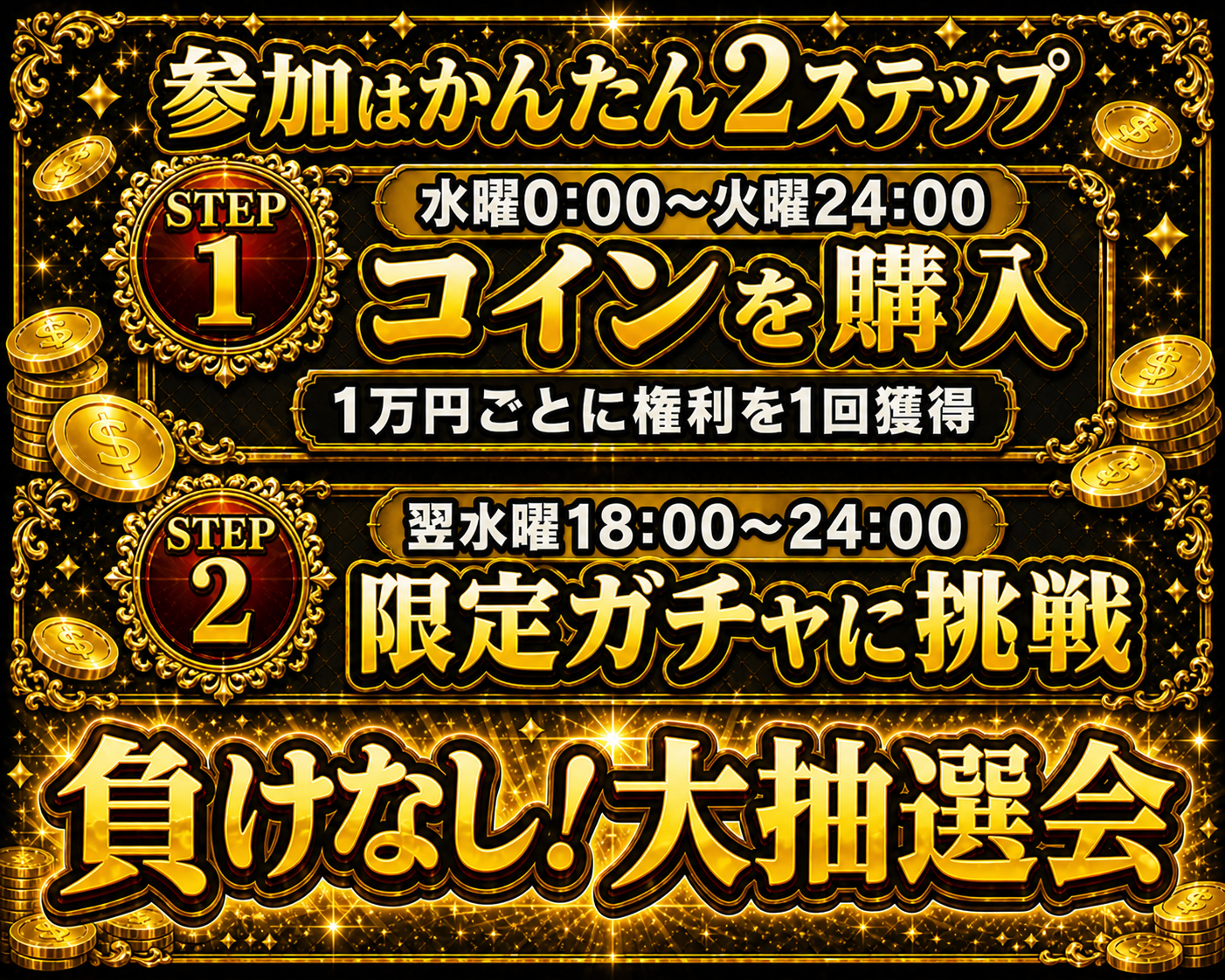 水曜0時から火曜24時までにコインを購入し、1万円ごとに権利を1回獲得。翌水曜18時から24時に限定ガチャへ挑戦。負けなし大抽選会。
